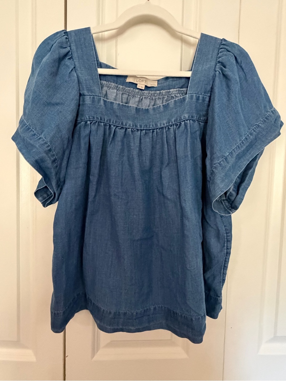 LOFT Light Blue Chambray Square Neck Puff Sleeve Blouse